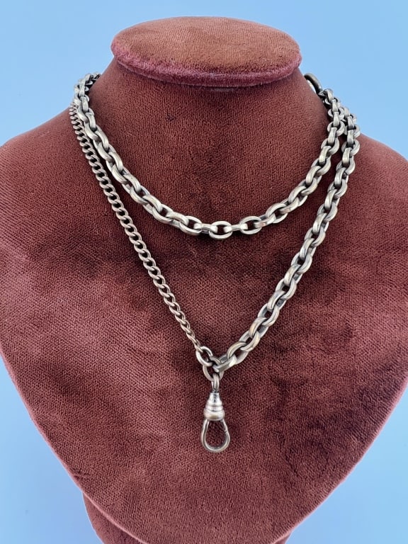 Antique 19th C Watch Chain Necklace w Dog Clip: Antique 19th C Watch Chain Necklace w Dog Clip. Having an oval rolo link chain and curb link chain, spring ring clasp and dog clip for pendant / charm. Measures just over 20 inches in length.