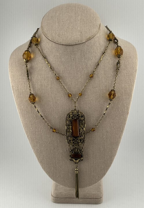 Antique Czech Glass Gilt Metal & Crystal Necklace: Antique Czech Glass Gilt Metal & Crystal Necklace. Having Edwardian and Art Nouveau design elements, Gilt metal and set with citrine tone crystals. Likely Czech in origin. Chain measures 37 inches in 