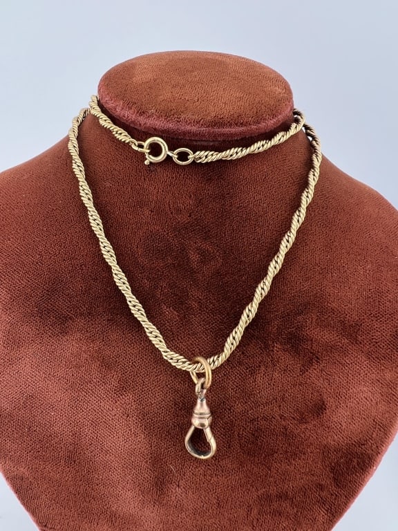 Antique Gold Fill Necklace Rope Chain w Dog Clip: Antique Gold Fill Necklace Rope Chain w Dog Clip. Yellow gold filled, having two entwined rope chains, spring ring clasp and a dog clip for pendant / charm. Measures approximately 17 inches in length.