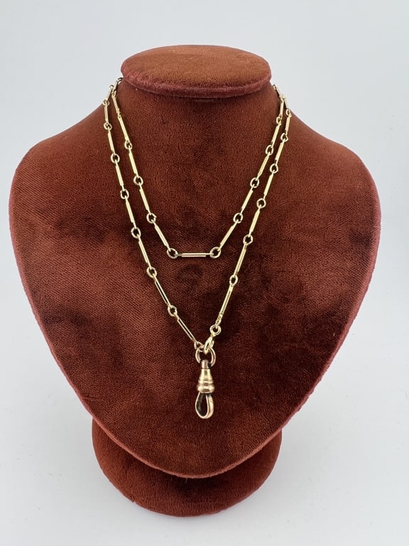 Gold Plated Necklace Chain w Gold Filled Dog Clip: Gold Plated Necklace Chain w Gold Filled Dog Clip. Having a spring ring clasp that closes into the bail of the dog clip, dog clip to hold pendants / charms. Chain measures approximately 21.5 inches in