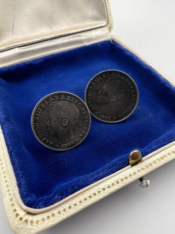 Antique Silver Cuff Links Made w 1895 Spanish Coin: Pair of Antique Silver Cuff Links Made w 1895 Spanish Coins. Each measures approximately 7/8ths of an inch in diameter.