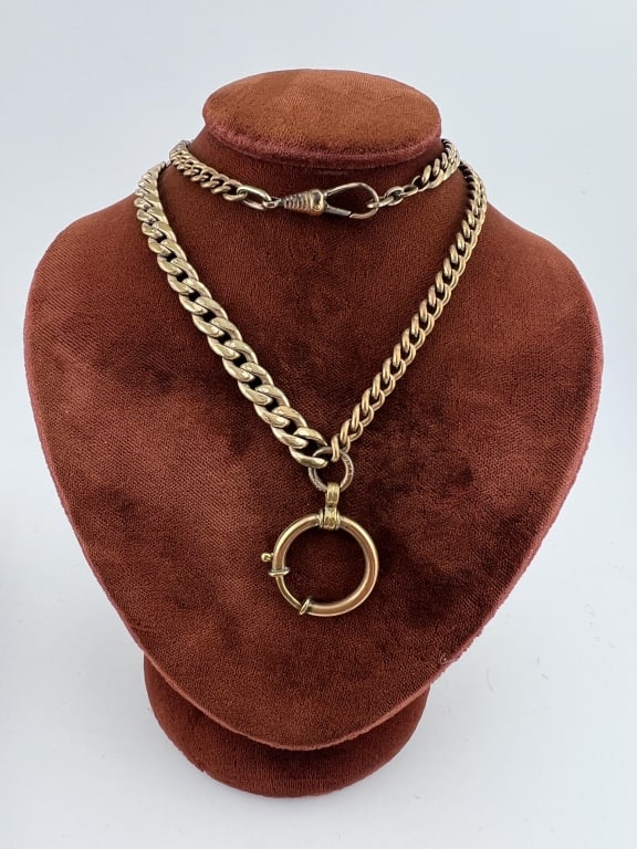 Antique Gold Fill Watch Chain Necklace w Dog Clip: Antique Gold Filled Watch Chain Necklace w Dog Clip. Made with two antique curb link watch chains, dog clip clasp and large scale spring ring for pendant or charm collection. Chain measures 19 inches 
