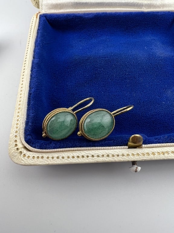 Gold Over Sterling Silver Cabochon Jade Earrings: Pair of Gold Over Sterling Silver Cabochon Jade Earrings. Each measures 1 inch in length.