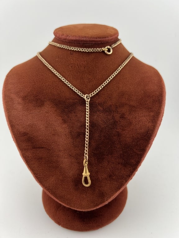 Antique Gold Fill Necklace Chain w Drop & Dog Clip: Antique Gold Fill Necklace Chain w Drop & Dog Clip. Chain measures 18 inches in length, drop with dog clip measures just over 2.25 inches in length.