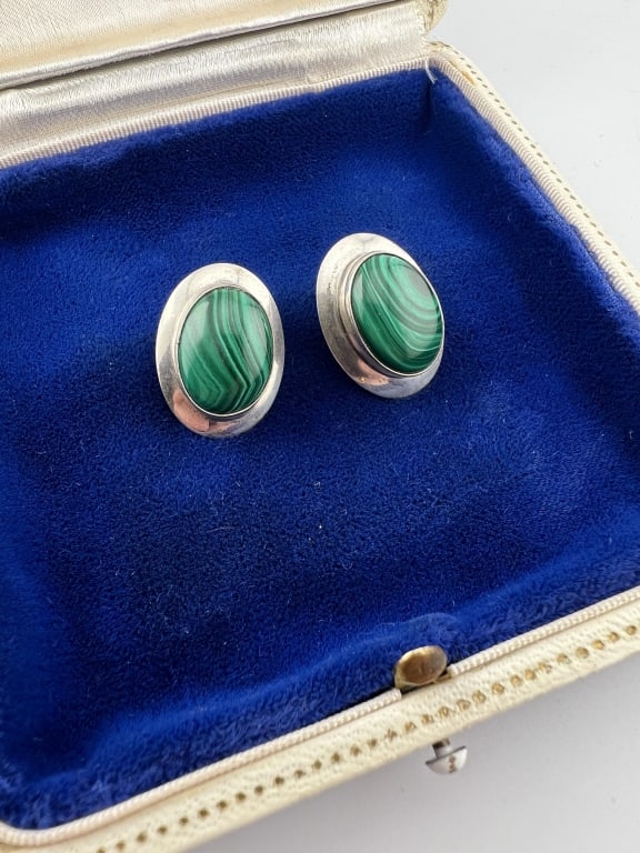 Pair Sterling Silver & Malachite Cabochon Earrings (1 of 5)