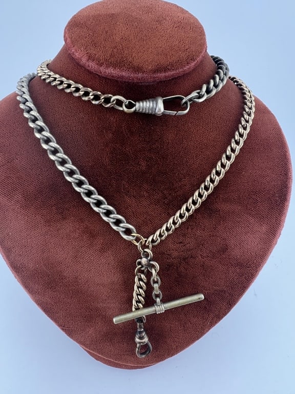 Antique Watch Chain Necklace w Dog Clip & T Bar (1 of 6)
