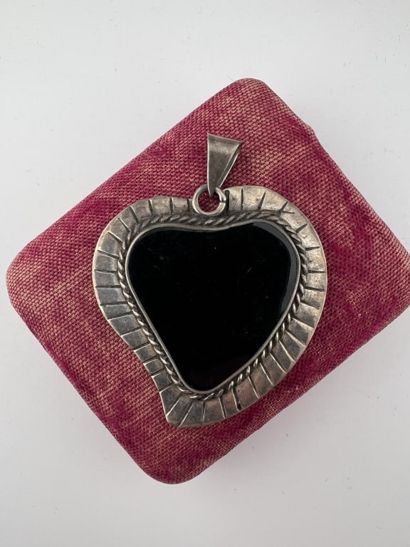 Sterling Silver Black Enamel Witches Heart Pendant: Sterling Silver Black Enamel Witches Heart Pendant. Hallmarked on the back. Measures 2.25 inches in length.