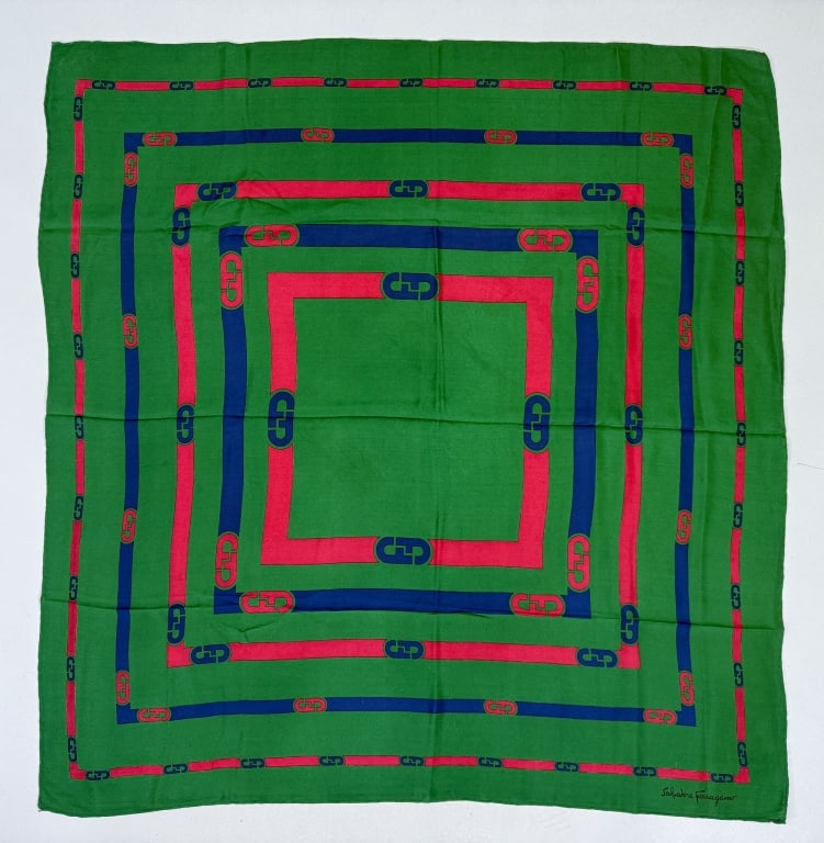 Vintage Salvatore Ferragamo Chain Logo Silk Scarf: Vintage Salvatore Ferragamo Gancini Chain Link Logo Silk Scarf with hand rolled edges, signed Salvatore Ferragamo in corner. Measuring approximately 35 inches by 33 inches.