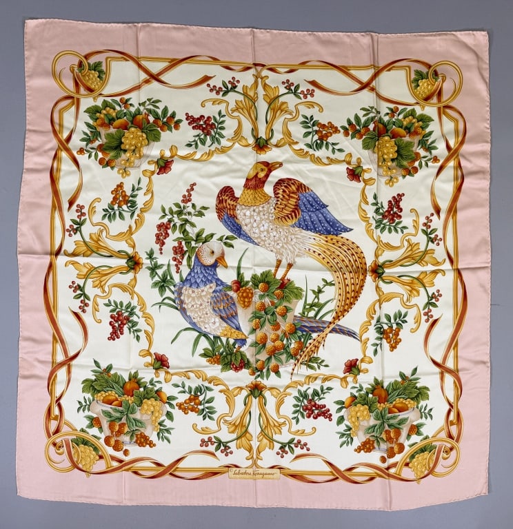 Vintage Salvatore Ferragamo Bird Fruit Silk Scarf: Vintage Salvatore Ferragamo Bird Fruit Silk Scarf with hand rolled edges, signed Salvatore Ferragamo. Labeled Made in Italy - 100% Silk. Measuring approximately 34 inches by 34 inches.