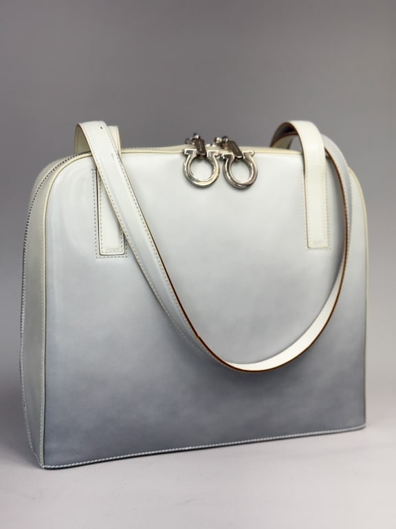 Vintage Salvatore Ferragamo Ombre Leather Purse: Vintage Salvatore Ferragamo Ombre Leather Purse having shoulder straps, top zip closure with two zippers, and interior zippered pocket. Comes with dust bag. Measuring approximately 11 inches wide by 9