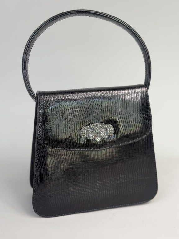 Vintage Judith Jack Leather Sterling Marcasite Bag: Vintage Judith Jack Leather Sterling Marcasite Hand Bag having sterling and marcasite detail at front with lizard embossed leather body and two removable straps of different lengths. Labeled Judith Ja