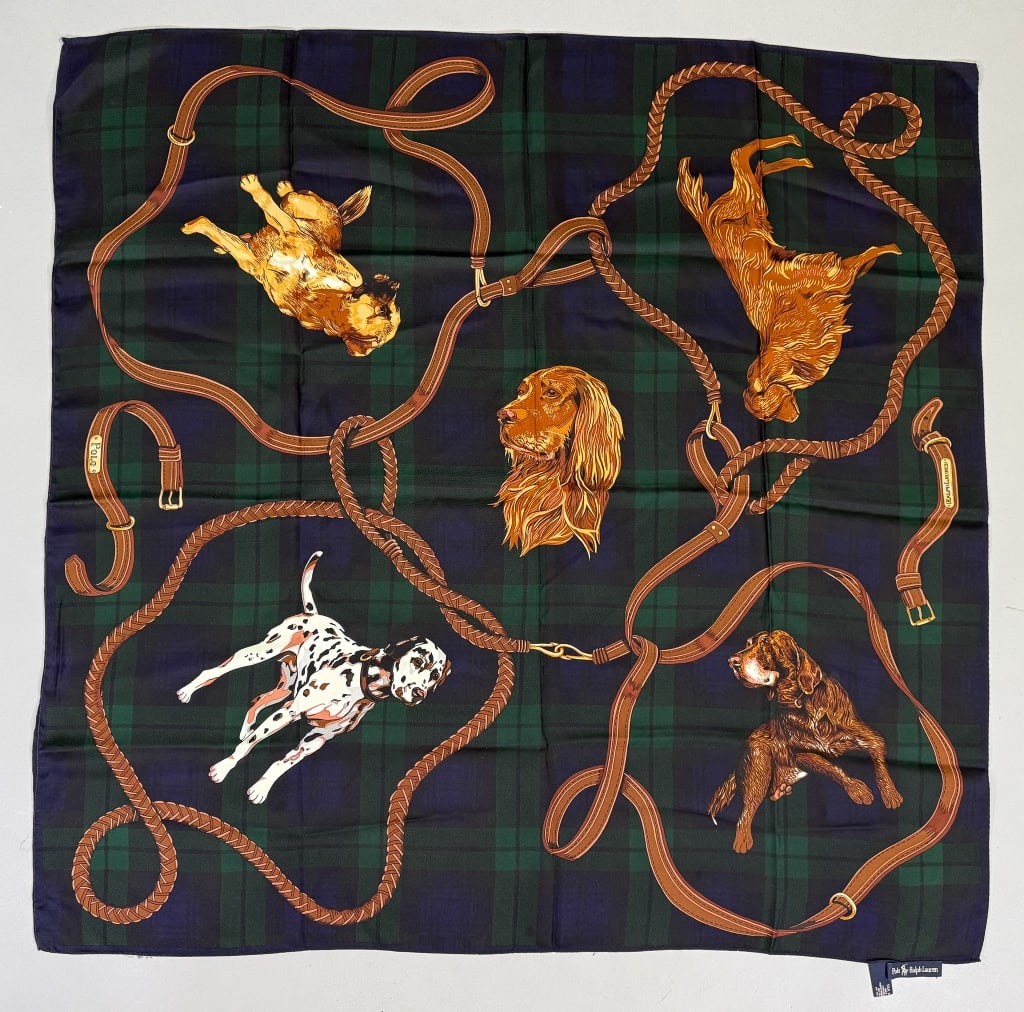 Vintage Ralph Lauren Plaid Dog Print Silk Scarf: Vintage Ralph Lauren Plaid Dog Print Silk Scarf having hand rolled edges, labeled Polo Ralph Lauren - 100% SIlk - Made in Japan. Measuring approximately 35 inches by 34 inches.
