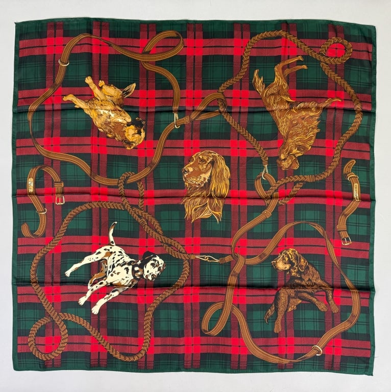 Vintage Ralph Lauren Plaid Dog Print Silk Scarf: Vintage Ralph Lauren Plaid Dog Print Silk Scarf having hand rolled edges, labeled Ralph Lauren - 100% SIlk - Made in Japan. Measuring approximately 35 inches by 35 inches.