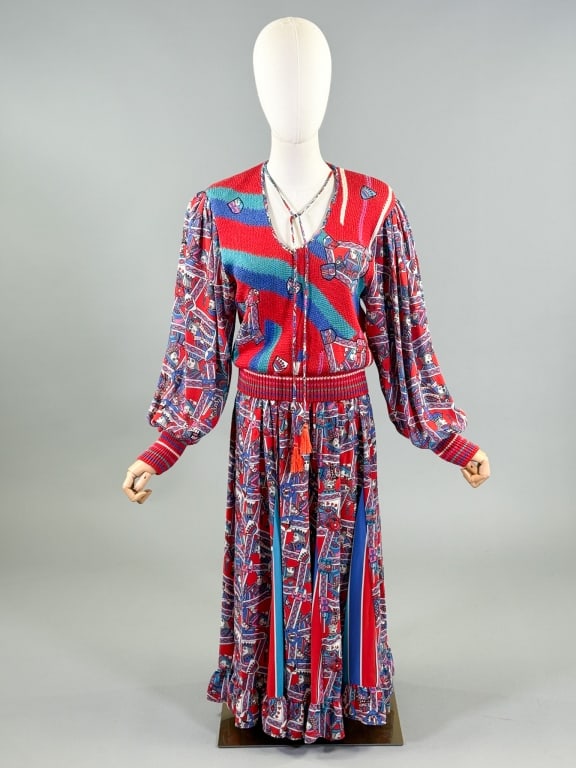 Vintage 1980s Diane Freis Sweater Skirt Set: Vintage 1980s Diane Freis Sweater Skirt Set having sweater with v-neckline and bishop sleeves, skirt with elastic waist and ruffled hem. Labeled Diane Freis for Marisa Christina - Neiman Marcus. Sweat
