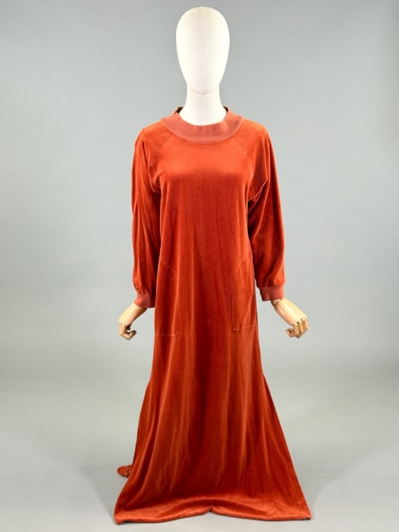 Vintage 1970s Bonnie Cashin Velvet Knit Maxi Dress: Vintage 1970s Bonnie Cashin Velvet Knit Maxi Lounge Dress having raglan sleeves, ribbed neckline and sleeve cuffs, and pockets at front. Labeled Bonnie Cashin for Evelyn Pearson. Measuring 38 - 46 inc