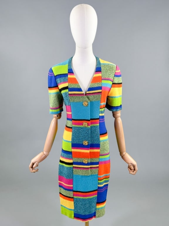 Vintage Steve Fabrikant Rainbow Stripe Knit Dress: Vintage Steve Fabrikant Rainbow Stripe Knit Dress having v-neckline with gold tone button closure at center front, stretch throughout. Labeled Steve Fabrikant - Neiman Marcus. Measuring 32 - 40 inch b