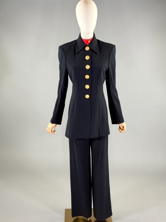 Vintage Griffith Gray for St. John Wool Pant Suit: Vintage Griffith Gray for St. John Wool Pant Suit having jacket with gold tone button closure and pants that close at center back with zip. Labeled Griffith Gray for St. John - marked size 2. Jacket m