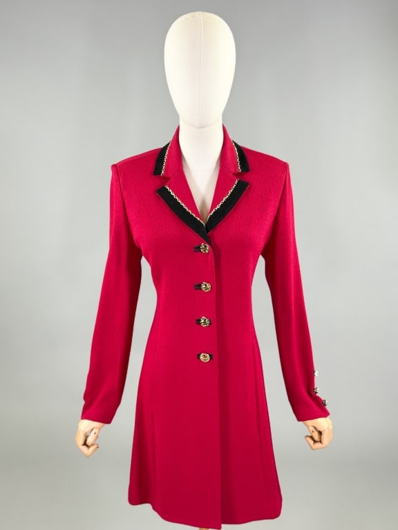 Vintage St. John Collection Knit Sweater Dress: Vintage St. John Collection Sweater Dress having gold tone chain details at notched lapel collar with center front button closure. Labeled St. John Collection by Marie Gray - marked size 4. Measuring 