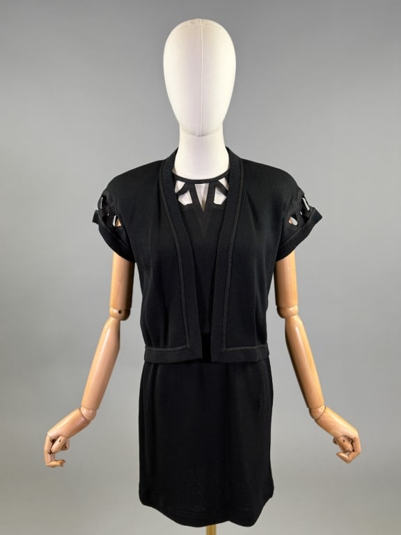Vintage St. John Evening Knit Dress & Sweater Set: Vintage St. John Evening Black Knit Dress & Sweater Set having dress with openwork neckline and elastic waist closing at back with zip and sweater jacket with openwork sleeves, no closures at front. L