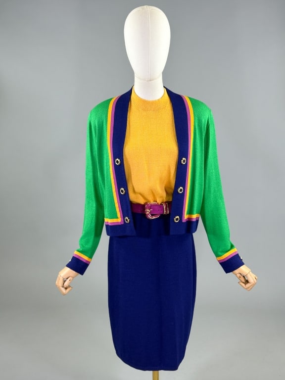 Vintage St. John Collection Knit Sweater Dress Set: Vintage St. John Collection Knit Sweater Dress Set having dress, cardigan sweater, and belt. Dress zips up back to close, cardigan with no closures. Labeled St. John Collection by Marie Gray - marked 