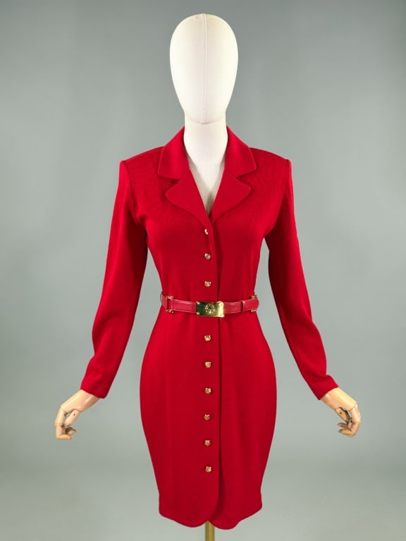 Vintage St. John Collection Knit Dress & Belt Set: Vintage St. John Collection Knit Dress & Belt Set having leather belt at waist with stretch throughout and notched lapel collar. Labeled St. John Collection by Marie Gray - marked size 2. Measuring 34