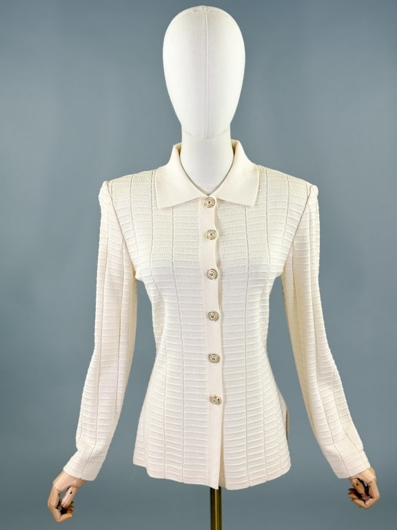 Vintage St. John Collection Knit Cardigan Sweater: Vintage St. John Collection Knit Cardigan Sweater having button front closure and collar at neck. Labeled St. John Collection by Marie Gray - marked size 4. Measuring 36 - 40 inch bust, 32 - 38 inch w