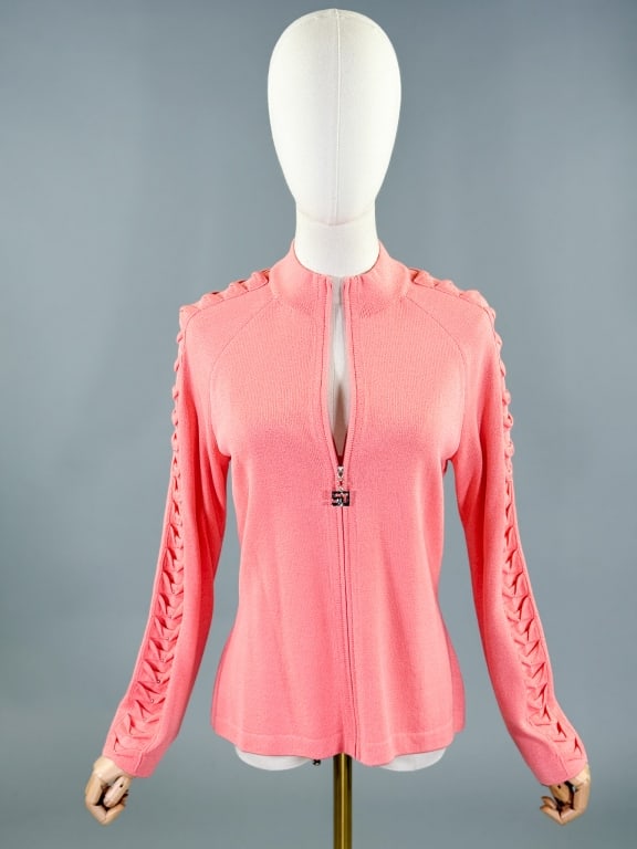 Vintage St. John Sport Knit Zip Up Sweater Jacket: Vintage St. John Sport Knit Zip Up Sweater Jacket having zip front with detailed sleeves. Labeled St. John Sport by Marie Gray - marked size S. Measuring 36 - 44 inch bust, 32 - 40 inch waist, 24 inch