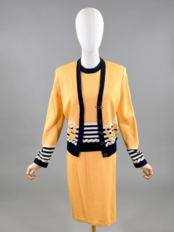 Vintage St. John Collection Knit Sweater Skirt Set: Vintage St. John Collection Knit Sweater Skirt Set having cardigan sweater, top, and skirt. Labeled St. John Collection by Marie Gray - marked size 4. Cardigan measuring 36 - 40 inch bust, 22 inches l