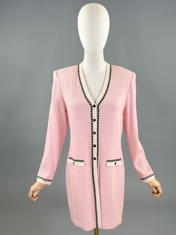 Vintage St. John Collection Knit Cardigan Sweater: Vintage St. John Collection Knit Cardigan Sweater having button front closure. Labeled St. John Collection by Marie Gray - marked size 4. Measuring 36 - 40 inch bust, 34 - 40 inch waist, 33 inches lon