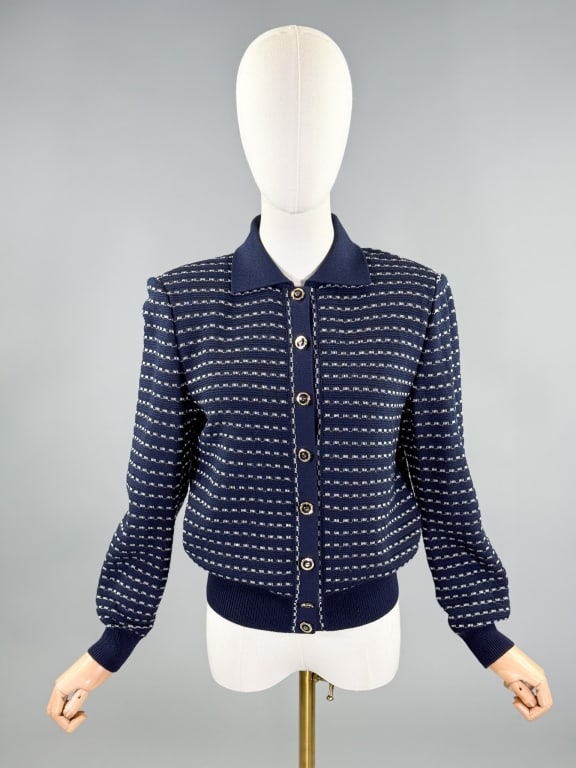 Vintage St. John Collection Knit Cardigan Sweater: Vintage St. John Collection Knit Cardigan Sweater having button front closure and collar at neck. Labeled St. John Collection by Marie Gray - marked size 4. Measuring 38 - 42 inch bust, 30 - 40 inch w