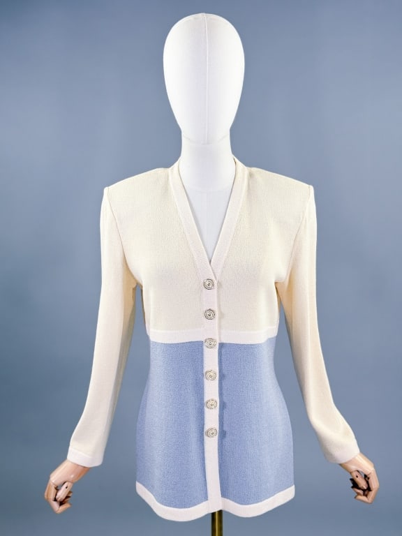 Vintage St. John Collection Knit Cardigan Sweater: Vintage St. John Collection Knit Cardigan Sweater having button front closure. Labeled St. John Collection by Marie Gray - marked size P. Measuring 36 - 40 inch bust, 32 - 36 inch waist, 27 inches lon