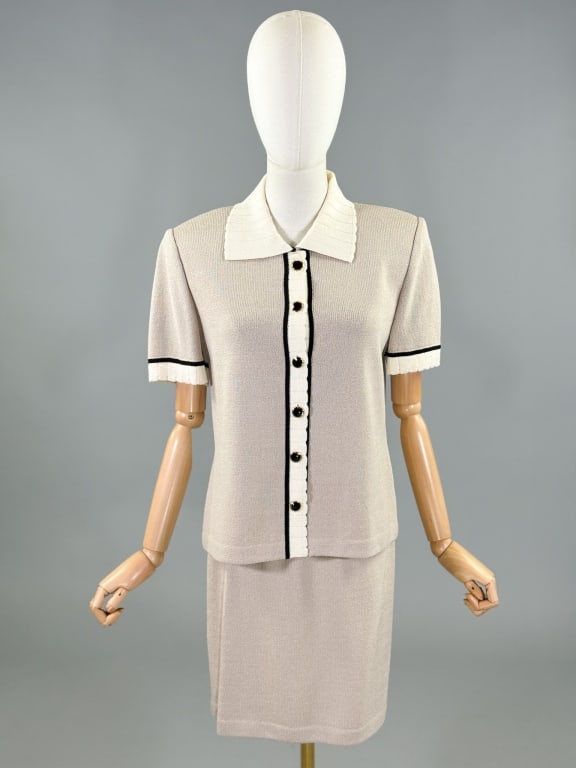 Vintage St. John Collection Knit Sweater Skirt Set: Vintage St. John Collection Knit Sweater Skirt Set having button front top and elastic waist skirt. Labeled St. John Collection by Marie Gray - marked size S. Top measuring 36 - 42 inch bust, 22 inche
