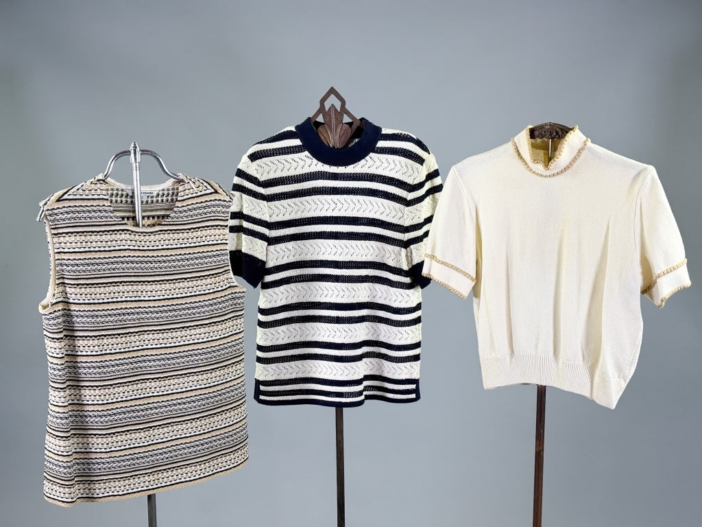 Collection of Vintage St. John Knit Shirt Tops: Collection of Vintage St. John Knit Shirt Tops having three total, one marked size S, two marked size P with stretch through all. Light wear as shown throughout all.