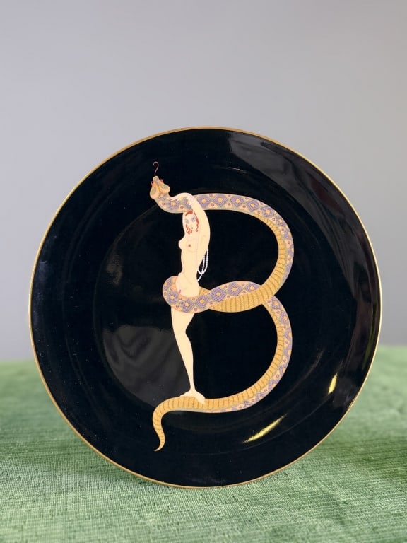 Vintage 1986 Erte Bone China The Alphabet B Plate: Vintage Erte Bone China The Alphabet B Plate having nude figure with snake design and gold rim, marked on reverse Erte The Alphabet B A3204 / 1986 Bone China Japan. Measuring approximately 9 inch