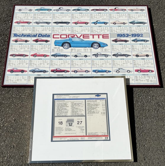 Two Vintage Framed Corvette Car Posters: Two Vintage Framed Corvette Car Posters. Larger measures 24 x 36 inches.