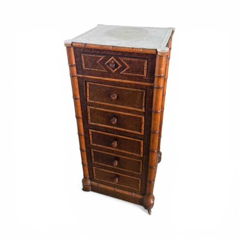 Antique French Faux Bamboo Marble Top Nightstand: Antique French Faux Bamboo Marble Top Nightstand or End Table. Interior section is also marble lined. Measures 39 inches in height, 17 inches in width, 15.5 inches in depth.