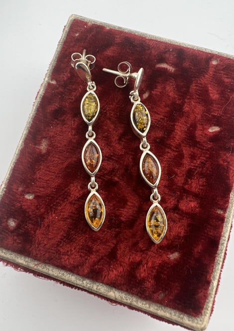 Pair Sterling Silver & Amber Pendant Drop Earrings: Pair Sterling Silver & Amber Pendant Drop Earrings. Articulated. Each measures just over 1.75 inches in length.