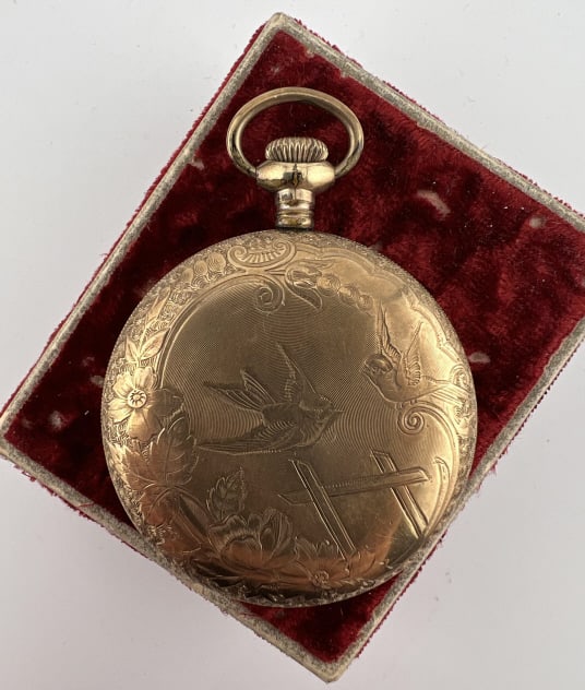 Antique 19th C Gold Filled Love Birds Pocket Watch: Antique 19th C Gold Filled Love Birds Motif Pocket Watch. White enamel face reads STANDARD. Measures 2.5 inches in length.