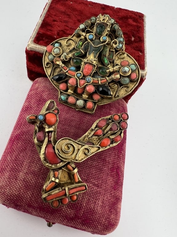 Two Antique Nepal / Tibet Coral Buddha Brooch Pins (1 of 7)