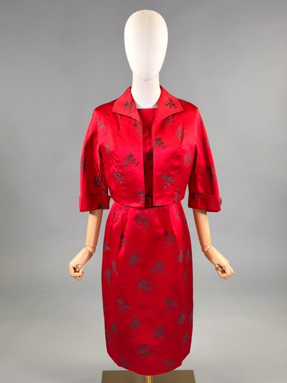 Vintage 1950s Silk Satin Chinese Printed Dress Set (1 of 14)