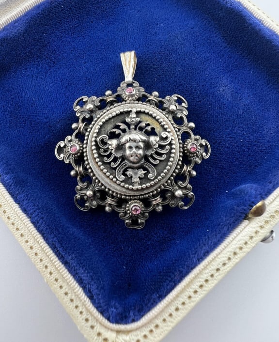 Antique 19th C Sterling Moonstone Cherub Pendant (1 of 6)