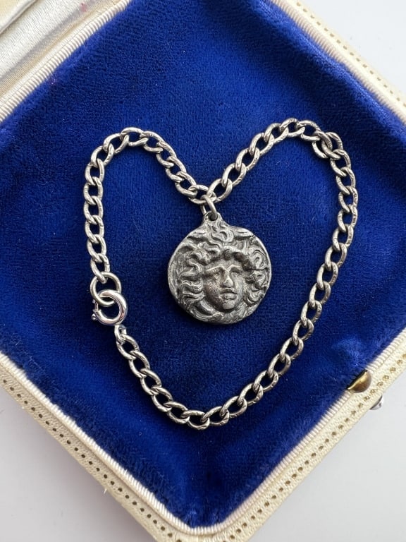 Antique Sterling Bracelet w Medusa Charm (1 of 6)