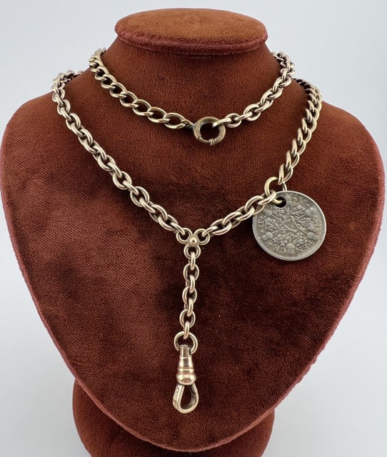Antique Gold Fill Watch Chain Necklace w Coin (1 of 8)