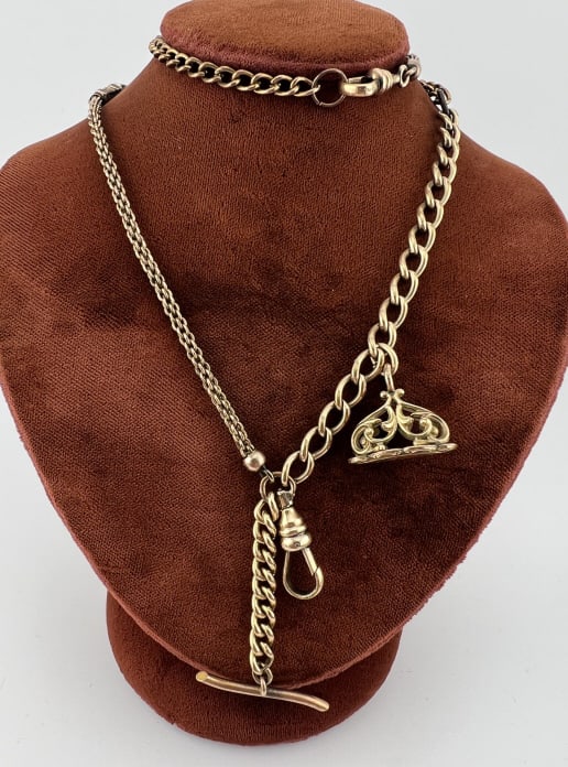 Antique Gold Filled Watch Chain Necklace w Fob: Antique Gold Filled Watch Chain Necklace w Fob. Unique necklace with antique 19th century Victorian era gold filled chains, slide, Art Nouveau fob, dog clips and mustache T bar. Measures 19 inches in 
