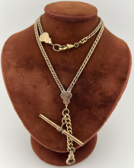 Antique Gold Filled Curb Link Watch Chain Necklace: Antique Gold Filled Curb Link Watch Chain Necklace. Having a dog clip clasp and additional dog clip with T bar on an extender to hold pendant / charms. Chain measures 19 inches in length, extender wit