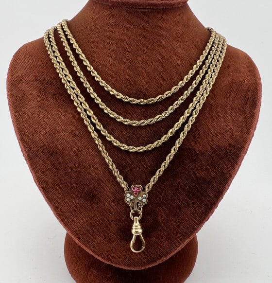 Antique 19th C 10k Gold Slide Watch Chain Necklace: Antique 19th C 10k Gold Slide Watch Chain Necklace. Gold filled rope twist motif watch chain necklace / pocket watch guard chain. With dog clip for pendant / charms / pocket watch. Set with slide, fro