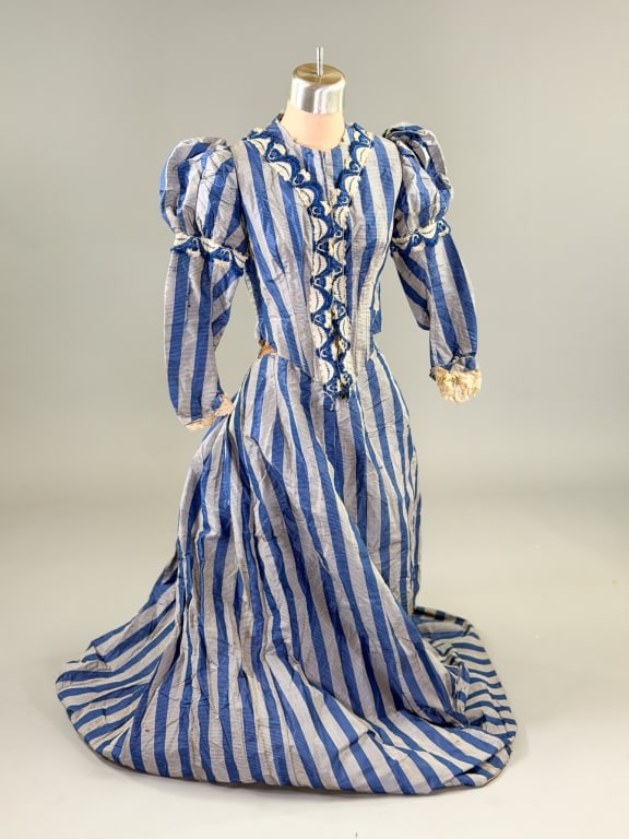 Antique Victorian 1890s Striped Silk Skirt Set: Antique Victorian 1890s Striped Silk Skirt Set having bodice with Juliette sleeves and lace details throughout, boned through waist and lined in polished cotton. Bodice measuring 32 inch bust, 24 inch