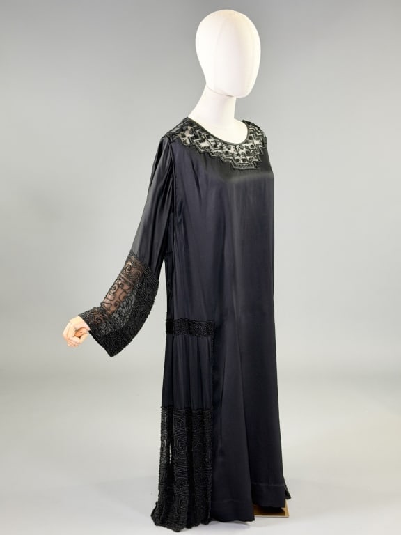 Antique 1920s Silk Satin Beaded Lace Shift Dress: Antique 1920s Silk Satin Beaded Lace Shift Dress having lace detail at neck with beating through sleeve cuffs and drop waist. Measuring 50 inch bust, 50 inch drop waist, 48 inches long, 23 inches slee