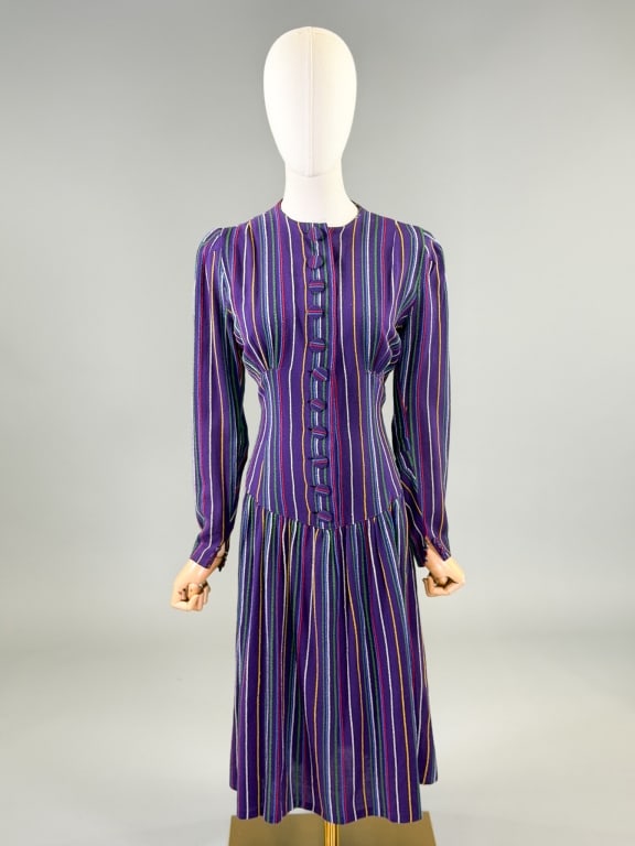 Vintage 1940s Striped Wool Button Front Day Dress (1 of 8)