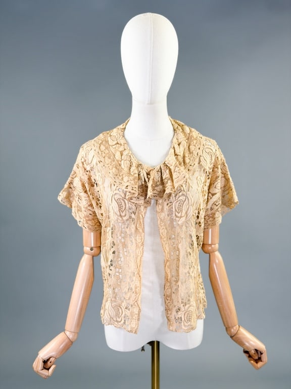 Antique Edwardian 1900s Lace Bed Jacket Bolero Top: Antique Edwardian 1900s Lace Bed Jacket Bolero Top having ruffled collar at neck with open front, embroidered floral and lace throughout. Measuring 20 inches long, 6 inch sleeve length. General wear t